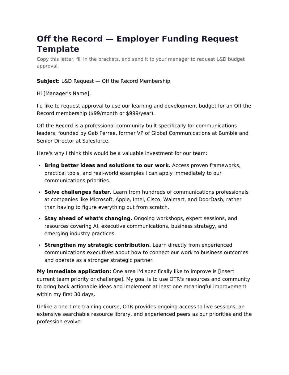Preview of the employer funding request letter